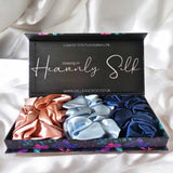 Luxury Mulberry Organic Silk Scrunchies Set of 3 - Light Blue, Light Pink, Navy Blue Hair Bands Perfect Gift for Women in Elegant Gift Box