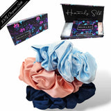 Luxury Mulberry Organic Silk Scrunchies Set of 3 - Light Blue, Light Pink, Navy Blue Hair Bands Perfect Gift for Women in Elegant Gift Box