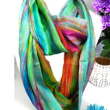 100% Silk Scarf Snood -Green Multi Coloured Hand Painted Silk Infinity Scarf