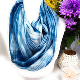 100% Silk Scarf Snood -Blue & White Hand Painted Silk Infinity Scarf