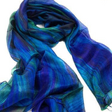 100% Silk Scarf Blue & Green Hand painted silk
