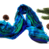 100% Silk Scarf Blue & Green Hand painted silk